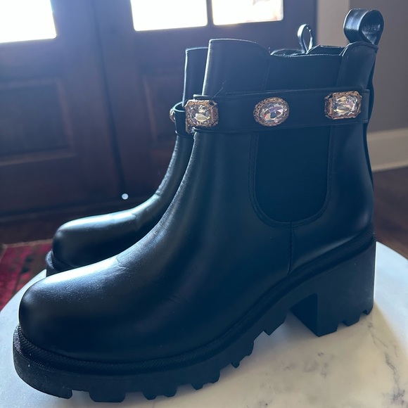 Boho Black Ankle Boots with Gem Accents | Chelsea Boots - Picture 3 of 5